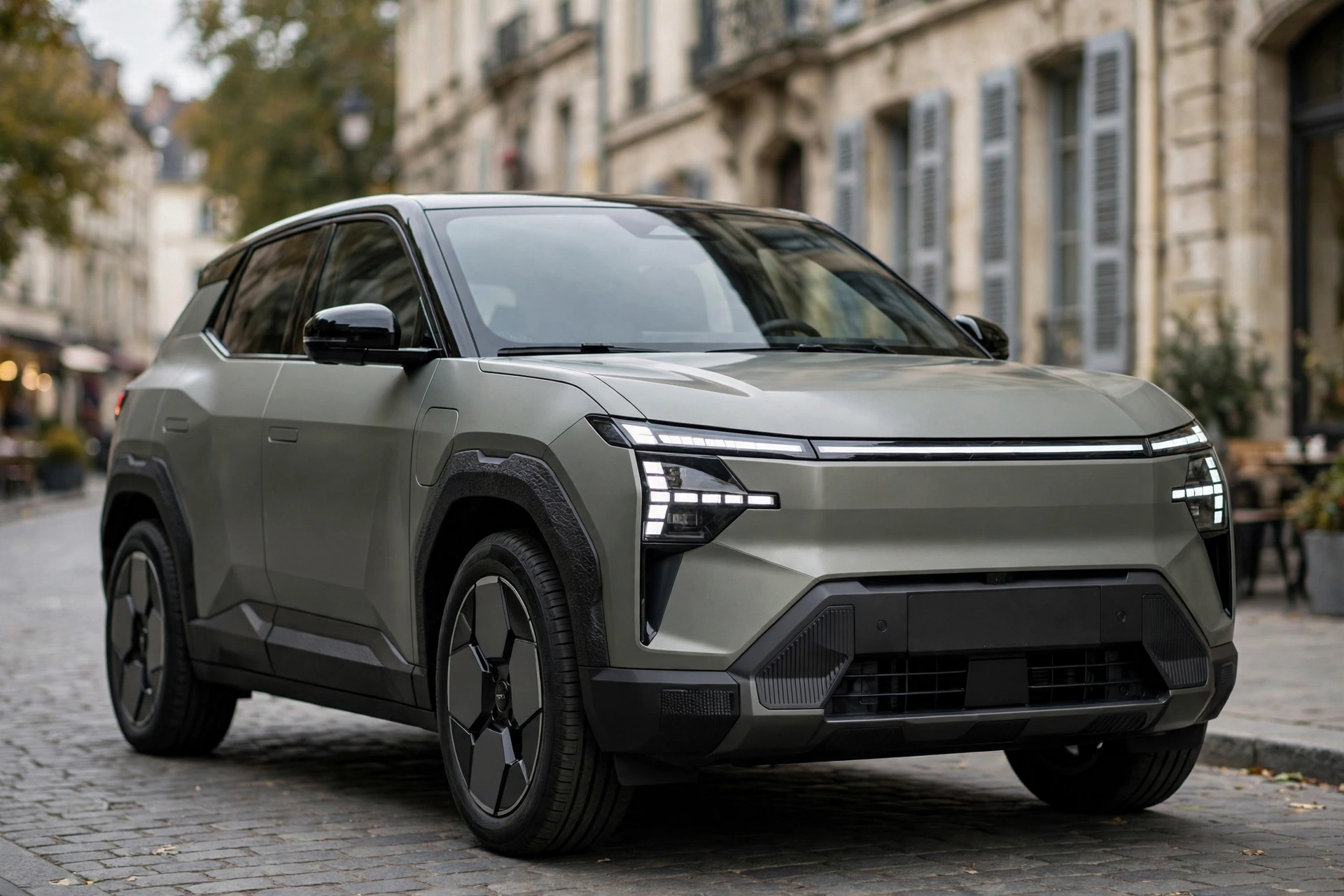 SUV urbano eléctrico compacto de estilo Skoda en una calle de ciudad europea