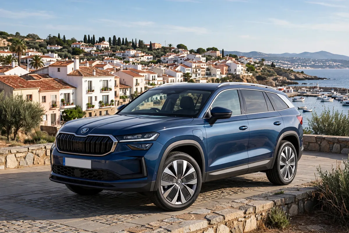 Skoda Kodiaq 1.5 TSI 2026 en azul, tres cuartos delantero en carretera