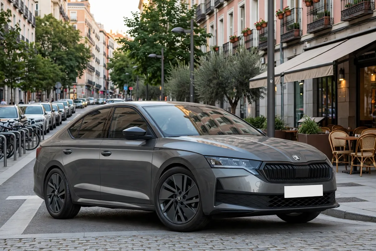 Skoda Octavia 1.5 TSI 2026 en gris, tres cuartos delantero en carretera
