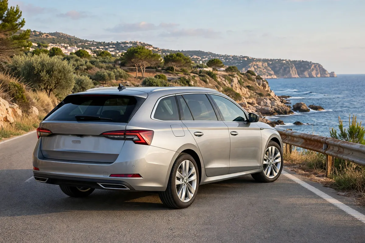 Skoda Octavia Combi 1.5 TSI 2026 en gris, tres cuartos delantero en carretera