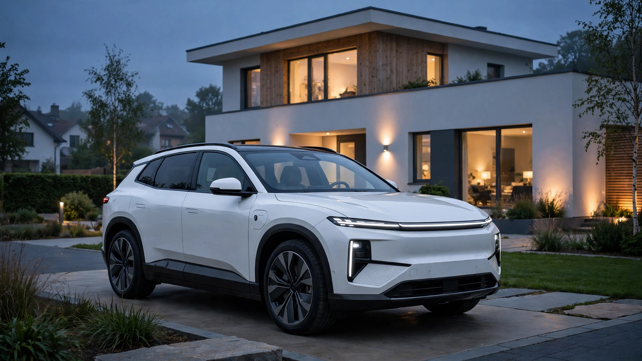 Gran SUV eléctrico blanco de 7 plazas aparcado frente a una casa europea moderna al atardecer