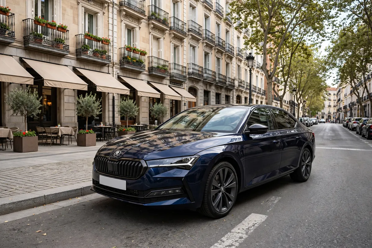 Skoda Superb 1.5 TSI 2026 en gris, tres cuartos delantero en carretera