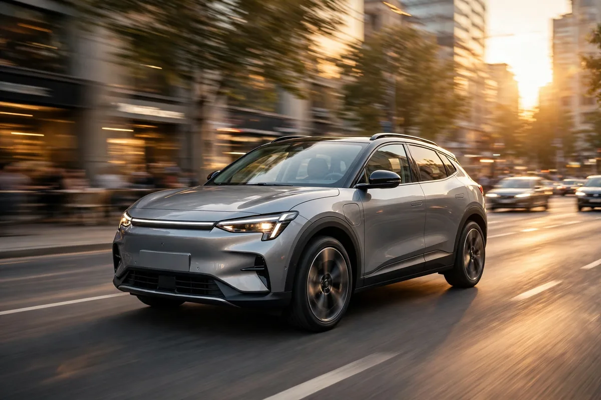smart #1 Pure, SUV eléctrico compacto, circulando por una avenida urbana
