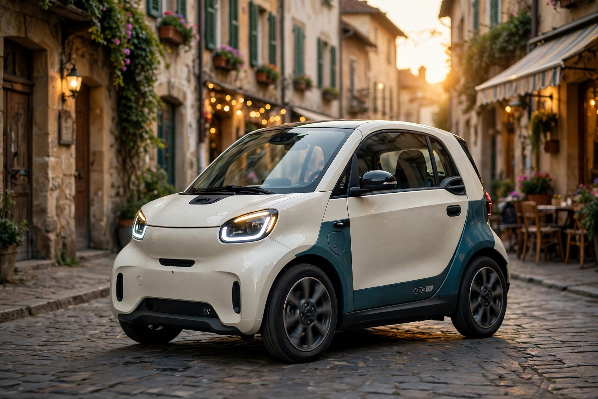 smart #2, el nuevo biplaza eléctrico urbano, circulando por una calle estrecha de una ciudad europea
