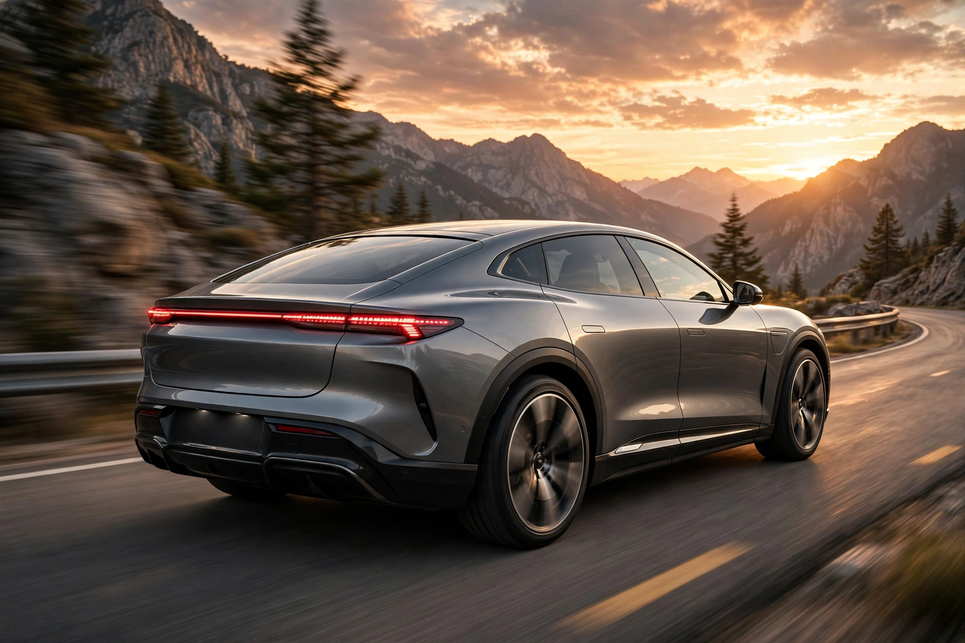 smart #3, SUV coupé eléctrico, circulando por una carretera de montaña al atardecer