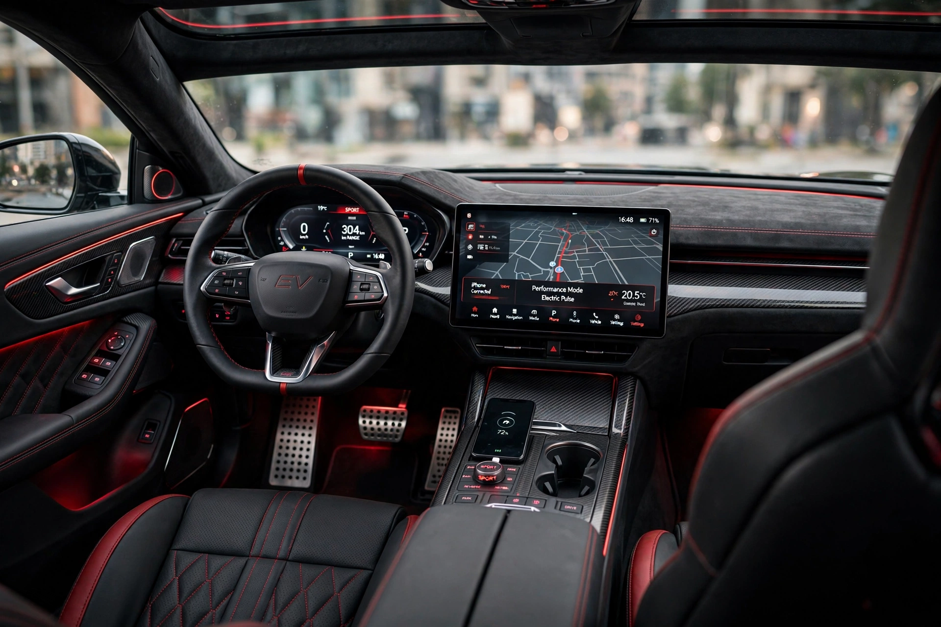 Interior deportivo del smart #3 Brabus con detalles en rojo