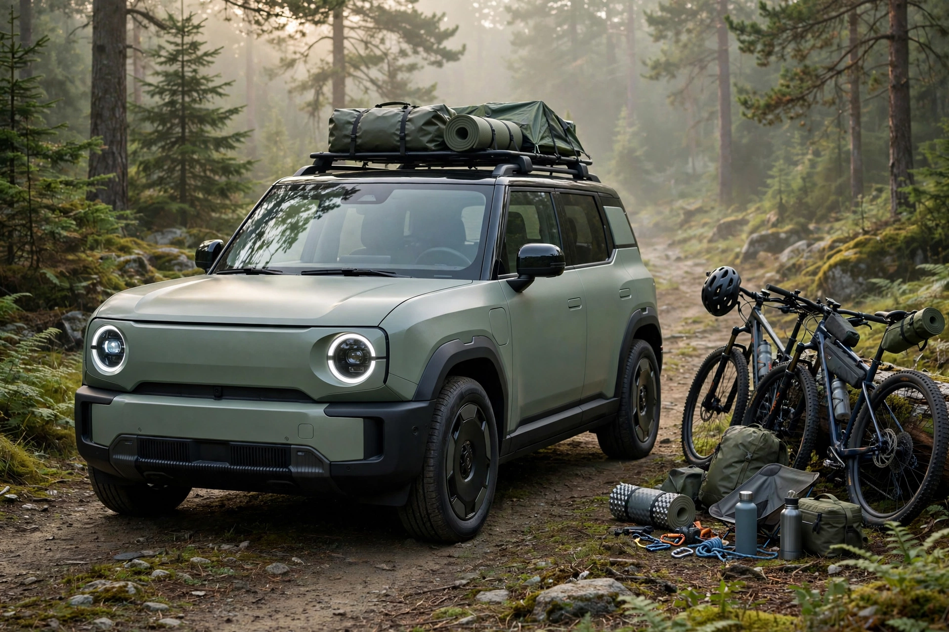 SUV eléctrico compacto premium verde mate en un sendero de bosque con material de aventura
