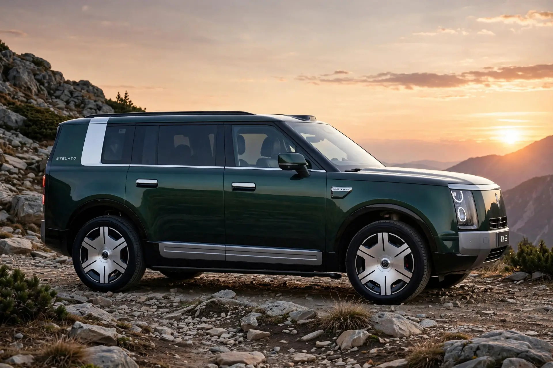 Stelato G9 EREV, vista lateral del SUV en pista de tierra