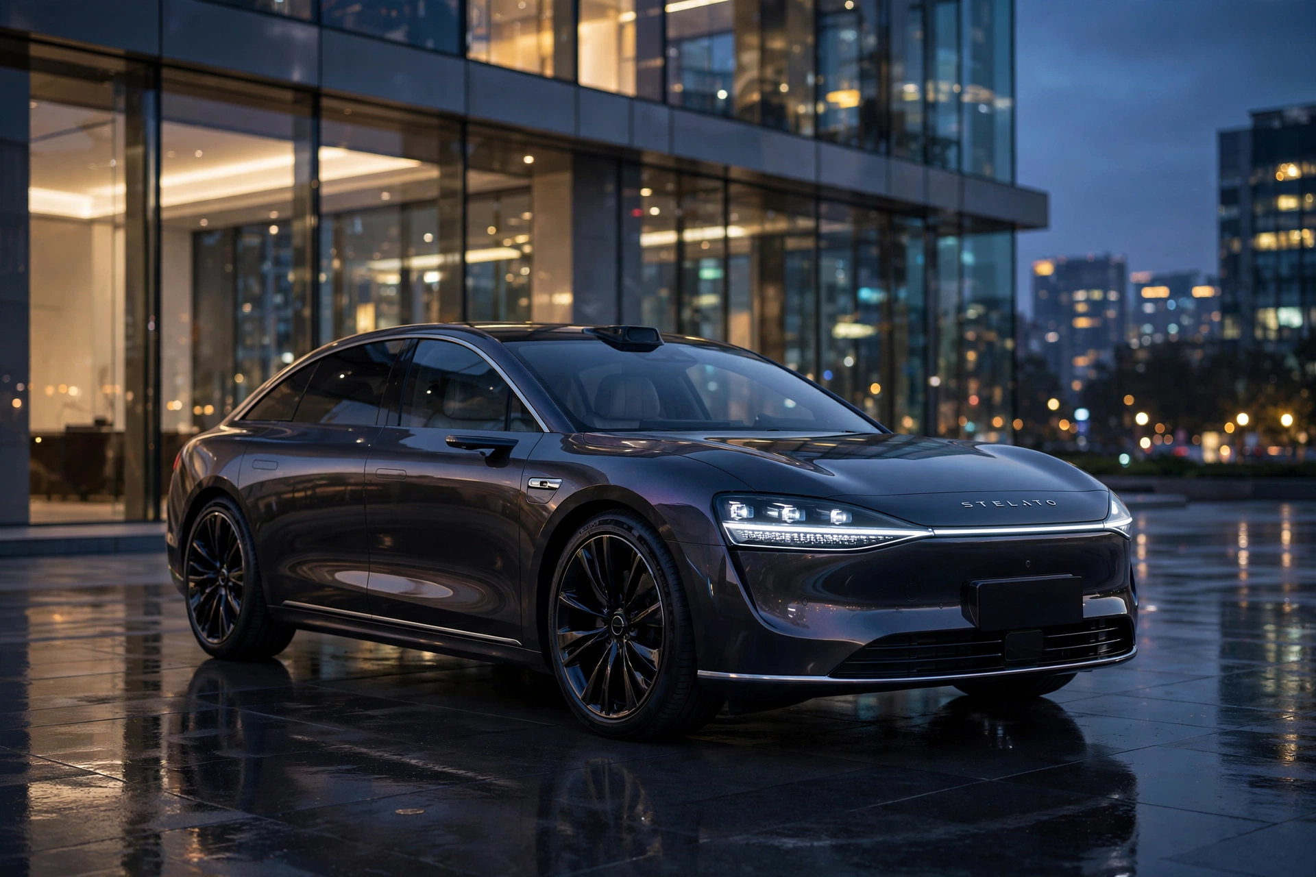 Berlina eléctrica premium Stelato S9 de Huawei y BAIC en color oscuro metalizado al atardecer frente a un edificio moderno