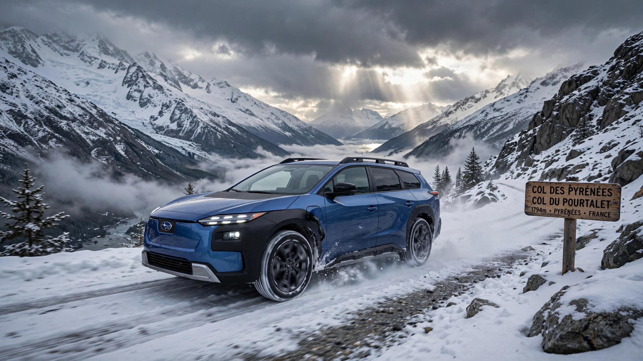 Subaru E-Outback eléctrico azul cruzando un puerto de montaña nevado