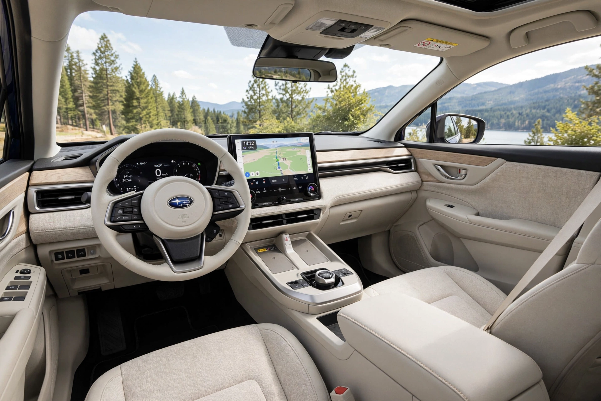 Interior del Subaru E-Outback con pantalla de 14 pulgadas y tapicería clara