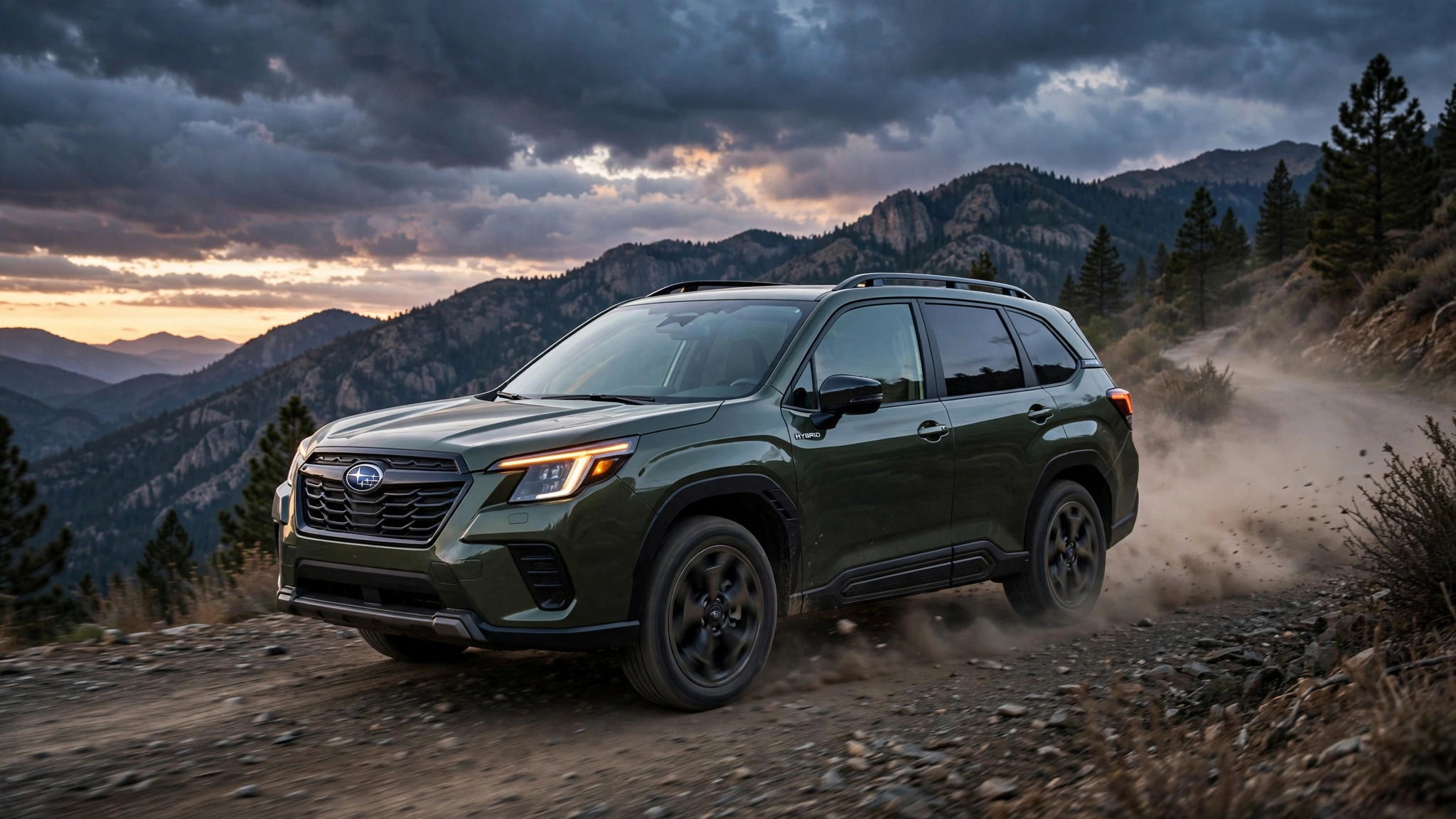 Subaru Forester 2025 híbrido en verde oscuro circulando por una pista de montaña al atardecer
