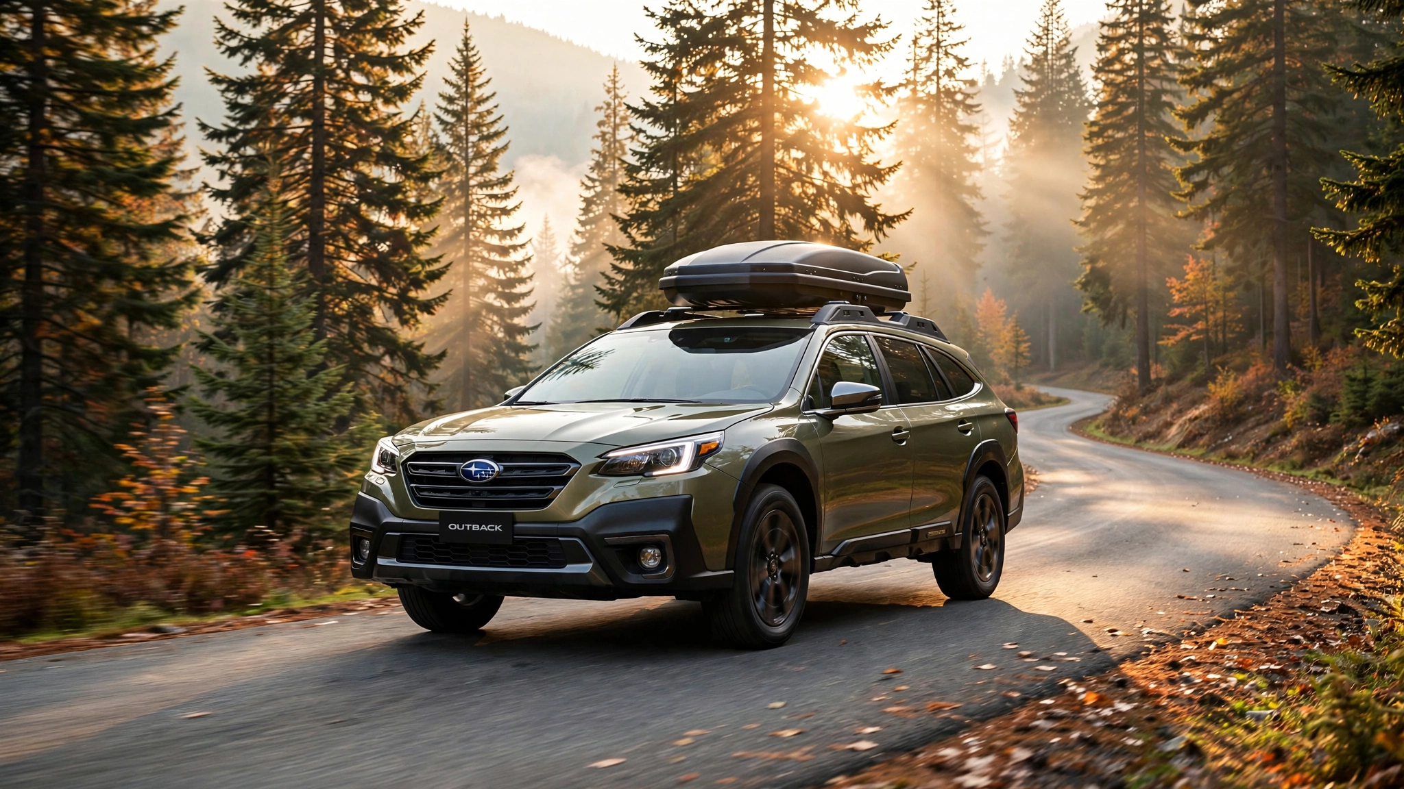 Subaru Outback verde circulando por una carretera de montaña entre pinos