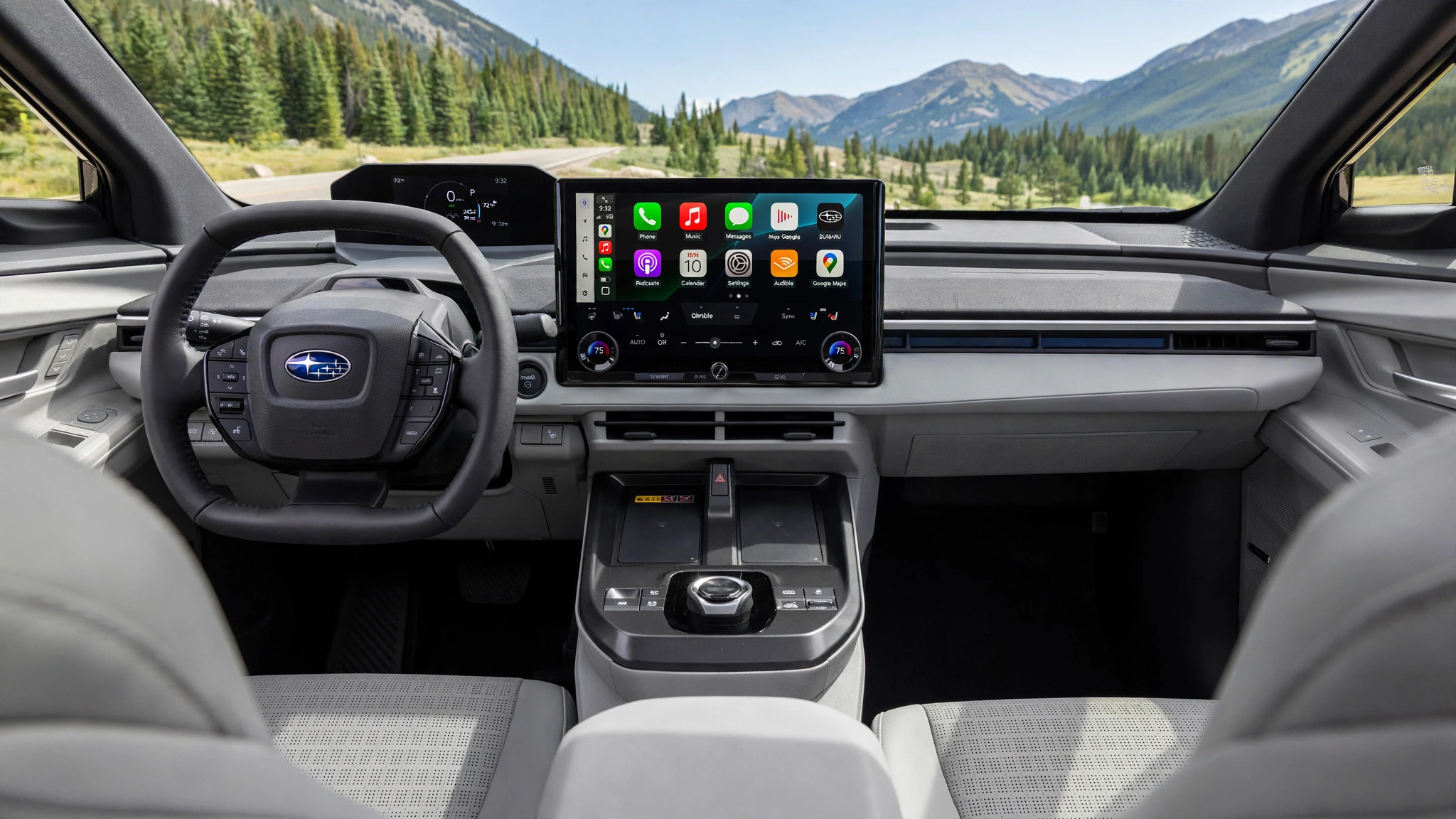 Interior del Subaru Solterra 2026 con pantalla central de 14 pulgadas
