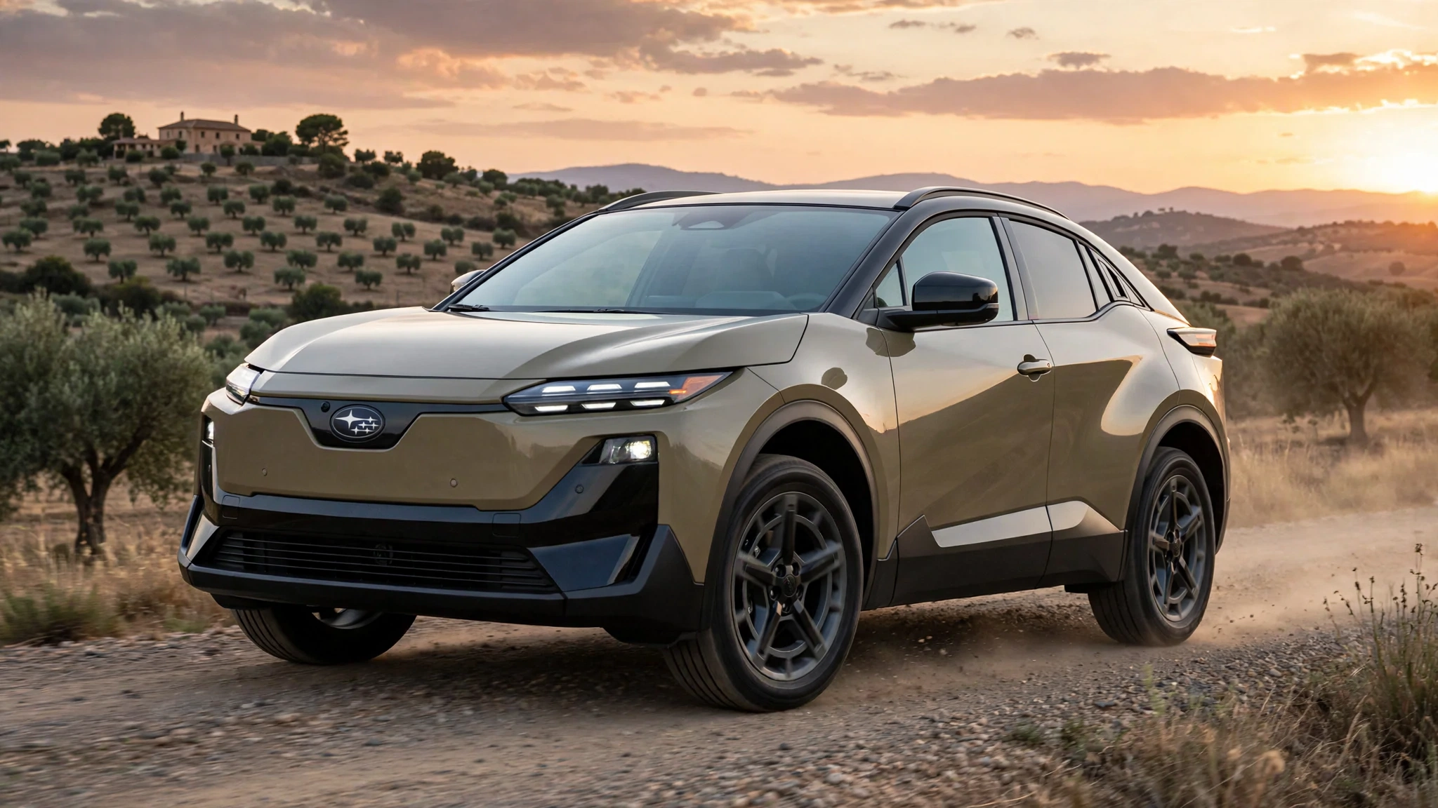 Subaru Uncharted eléctrico circulando por una pista de tierra al atardecer
