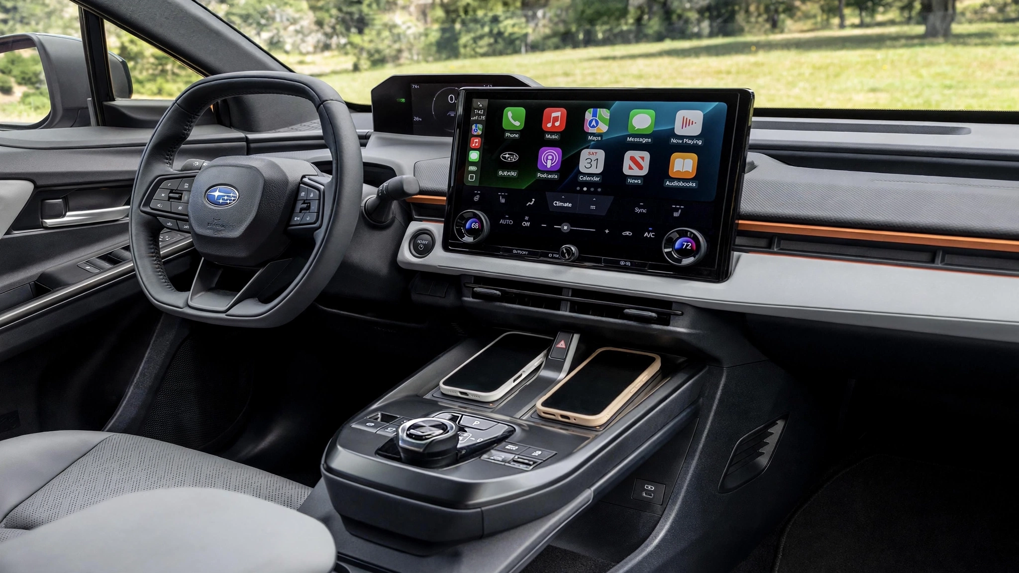 Interior del Subaru Uncharted con pantalla de 14 pulgadas y volante cuadrado