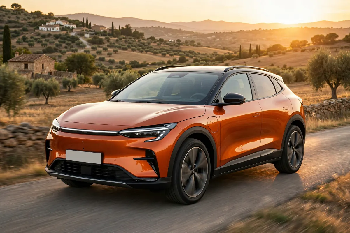 Subaru Uncharted Field naranja circulando por paisaje rural español
