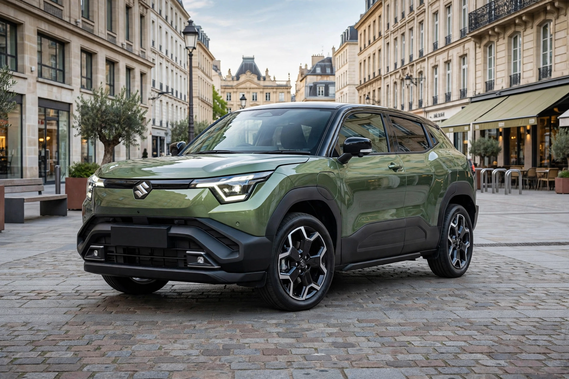 Suzuki e Vitara eléctrico verde en una plaza europea moderna