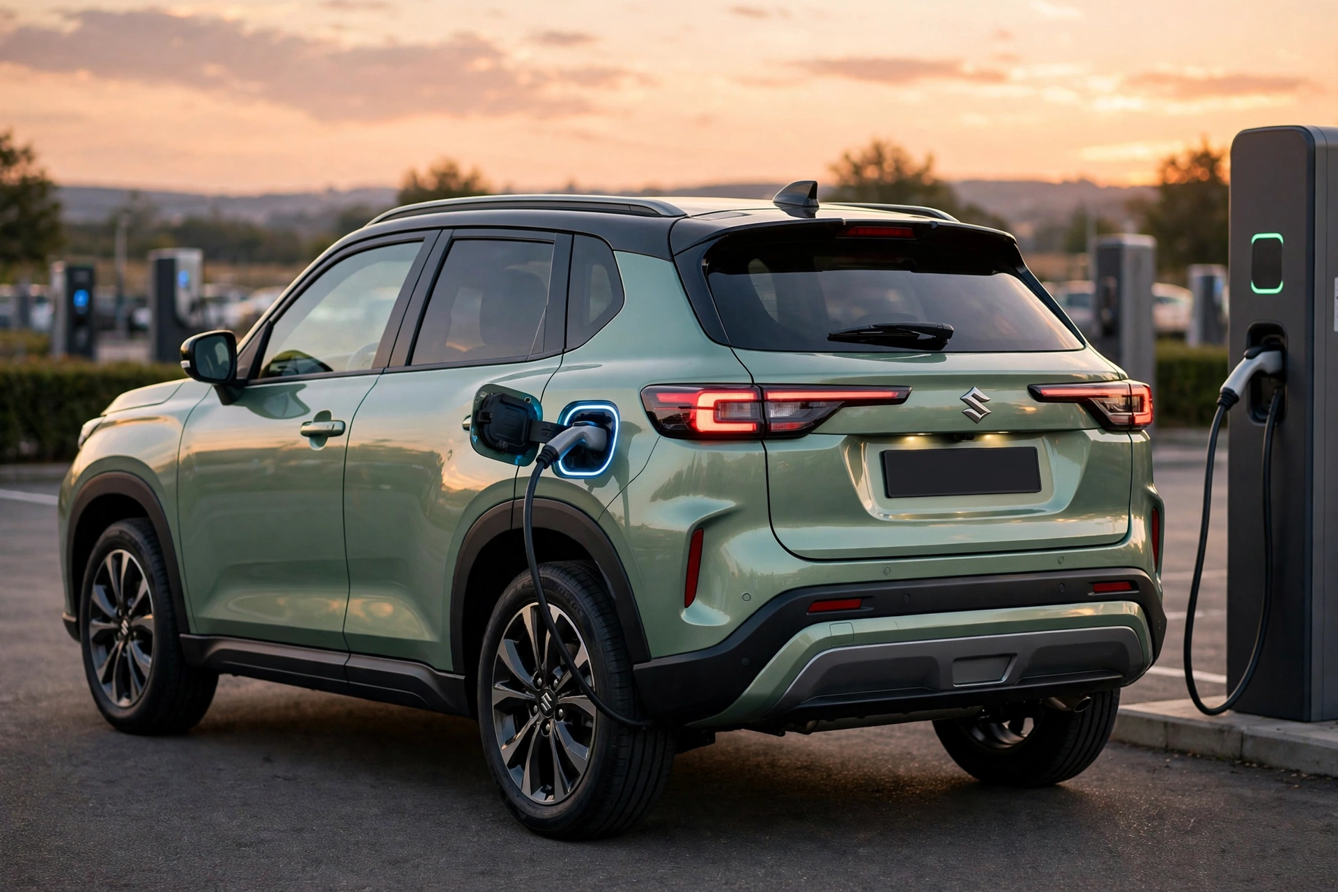 Suzuki e Vitara cargando en un punto de carga rápida al atardecer