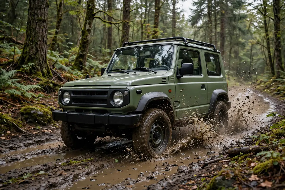 Suzuki Jimny Pro circulando por una pista forestal con barro