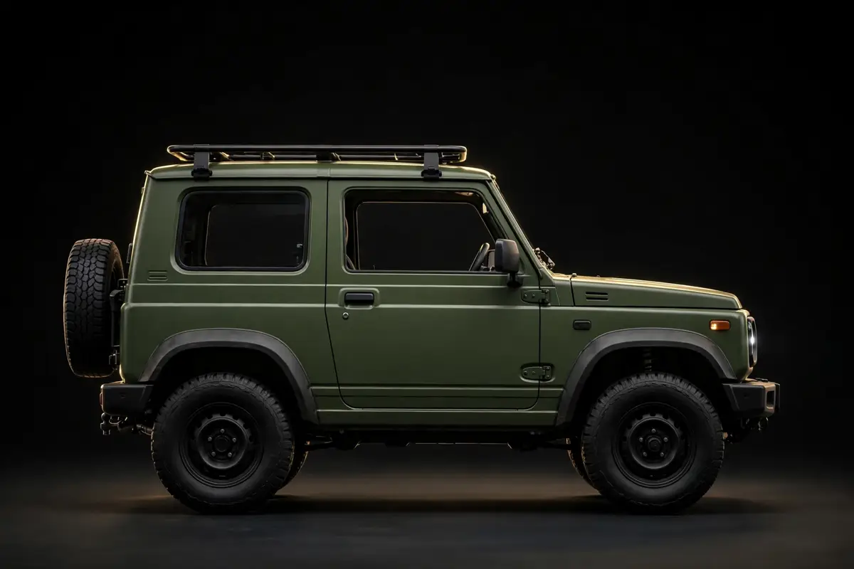 Suzuki Jimny Pro verde, vista lateral en estudio
