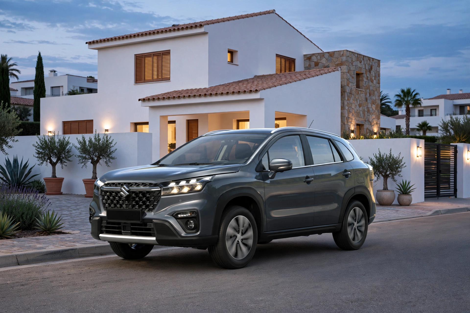 Suzuki S-Cross Mild Hybrid gris aparcado frente a una casa al atardecer