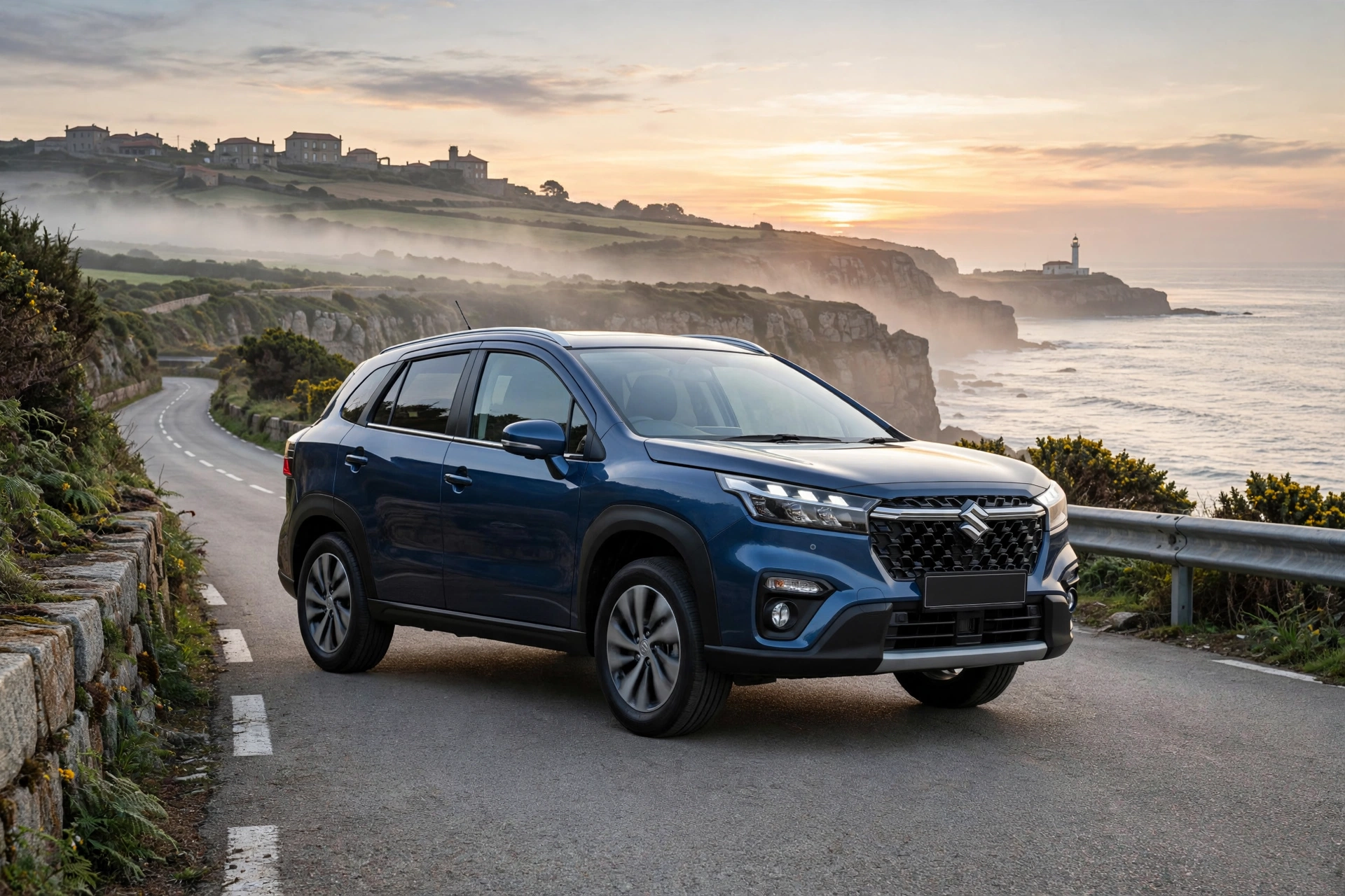 Suzuki S-Cross Strong Hybrid azul en una carretera de la costa gallega al amanecer