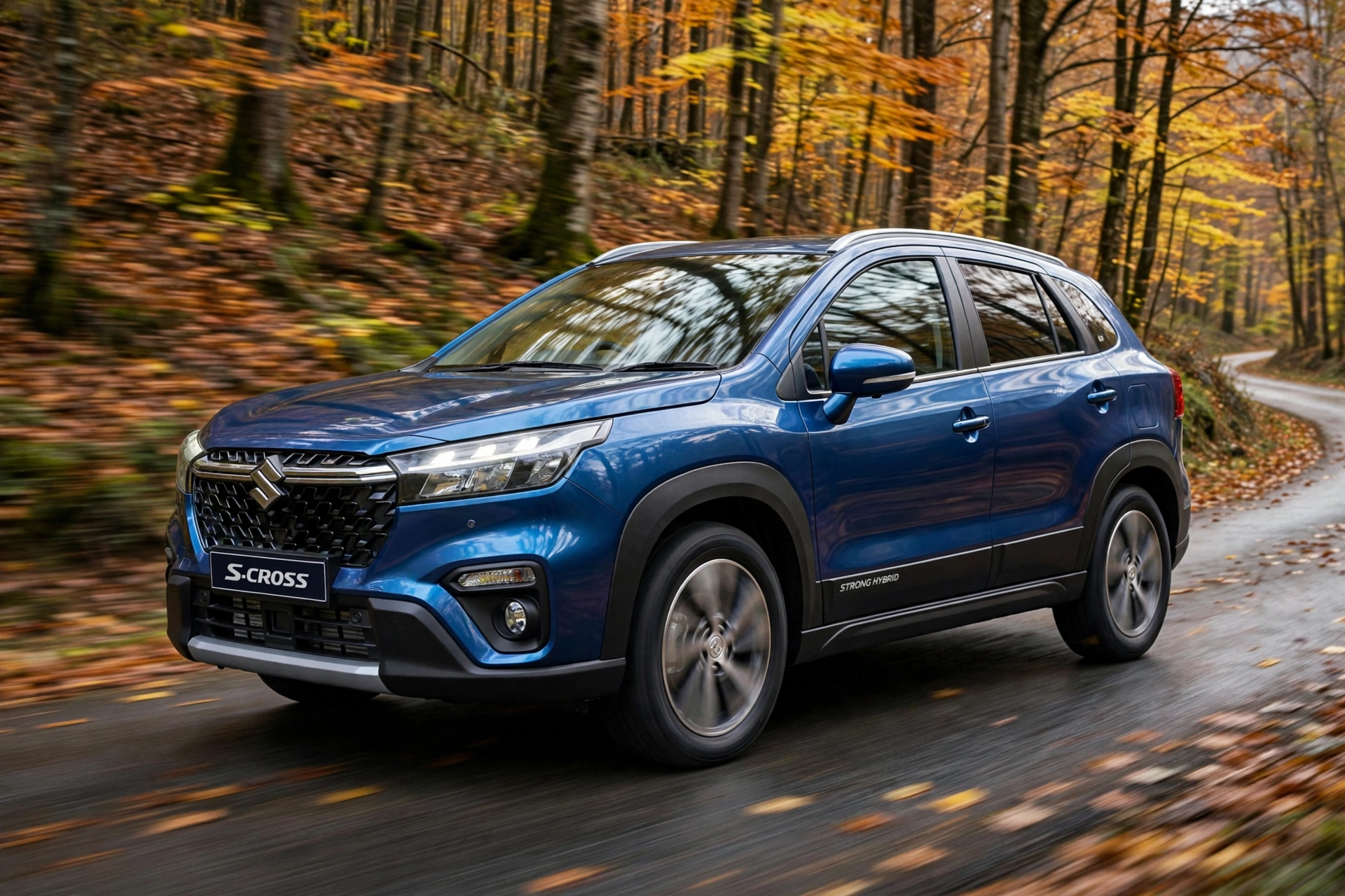 Suzuki S-Cross Strong Hybrid en carretera de bosque