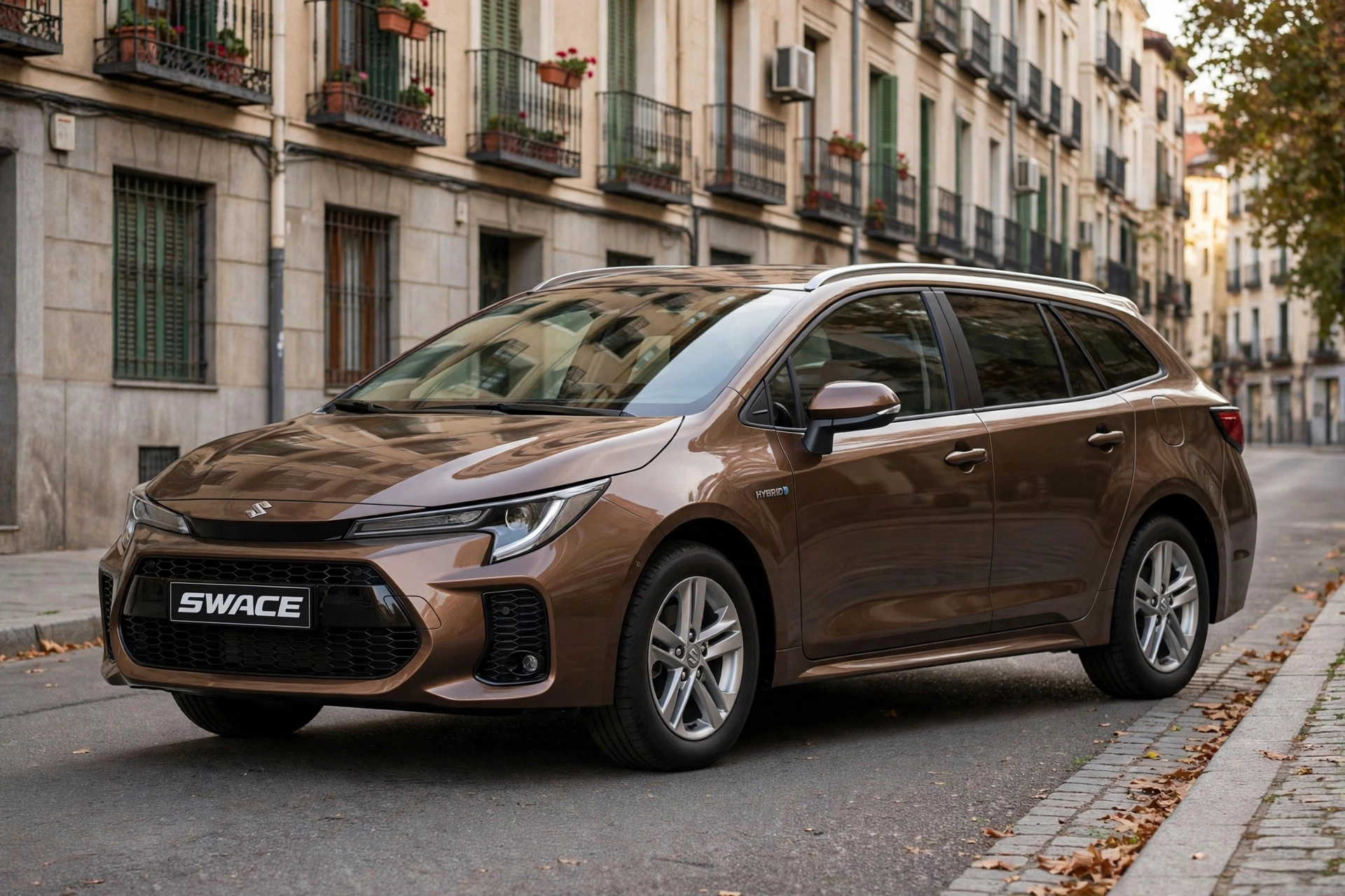 Suzuki Swace Hybrid marrón aparcado en una calle residencial de Madrid