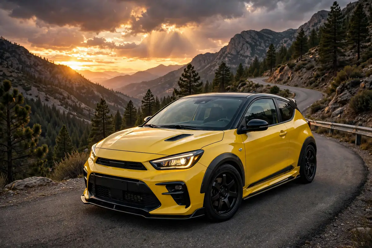 Suzuki Swift Sport en una carretera de montaña al atardecer