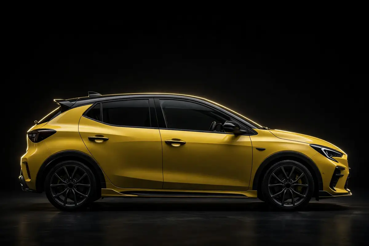 Suzuki Swift Sport amarillo, vista lateral en estudio