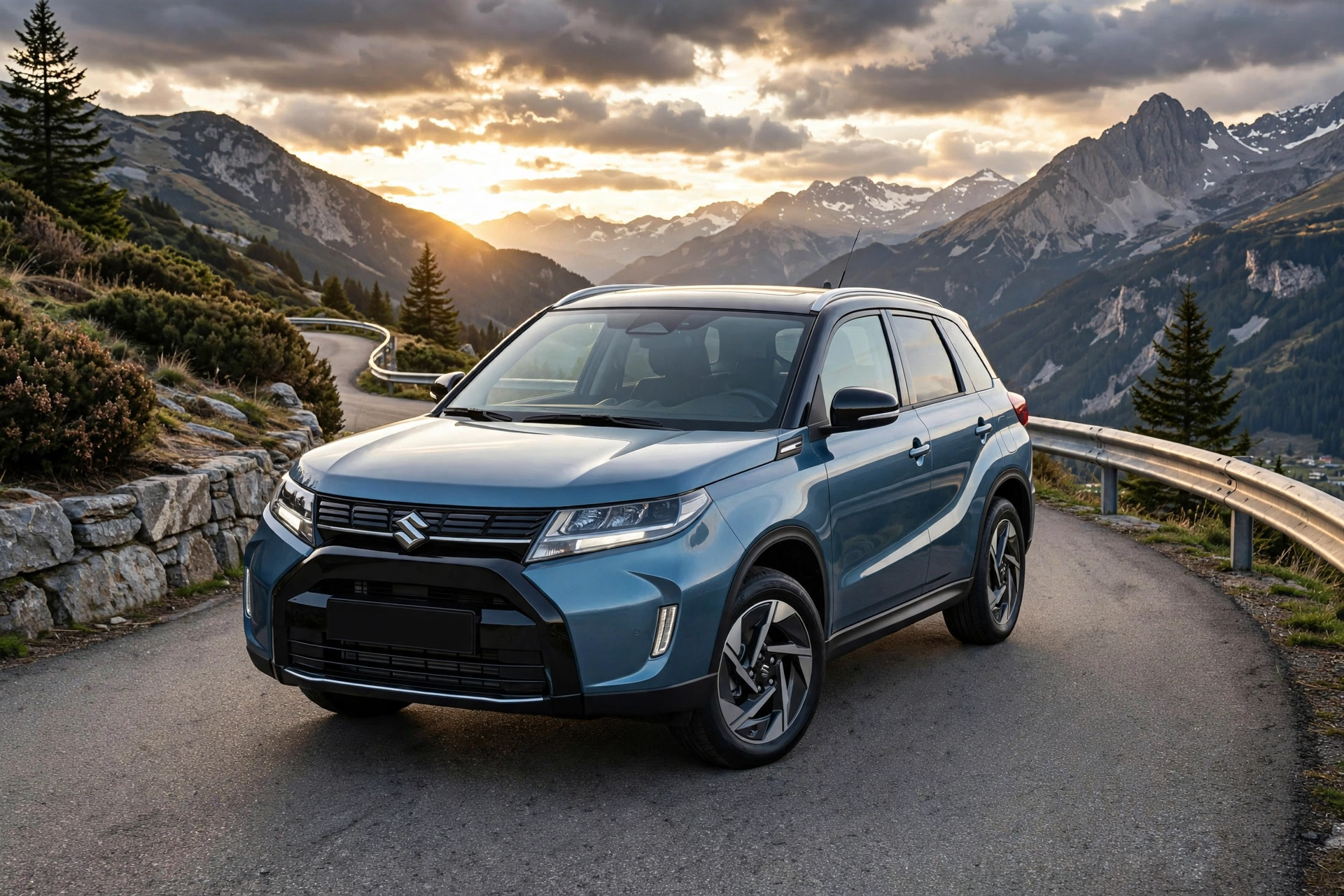 Suzuki Vitara Strong Hybrid azul circulando por una carretera de montaña