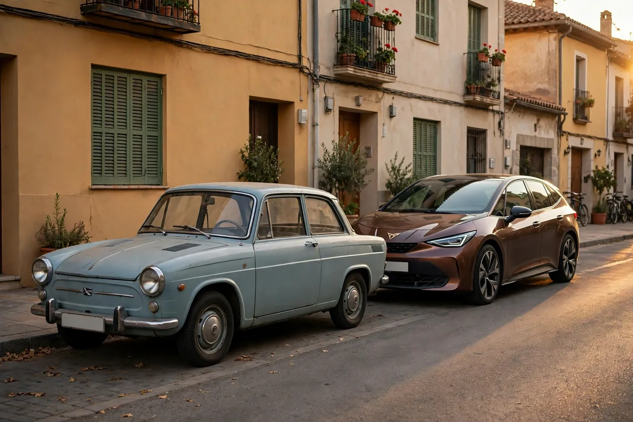 Coche clásico de los años 60 junto a un coche eléctrico moderno en una calle española al atardecer