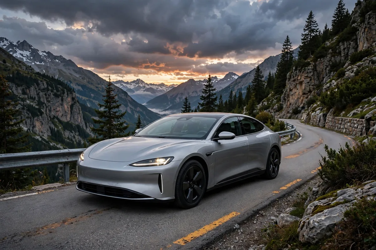 Tesla Model 3 gris plateado en carretera de montaña al atardecer