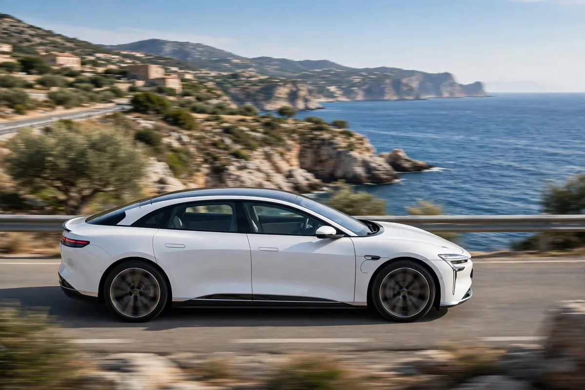 Tesla Model 3 blanco circulando por una autopista costera