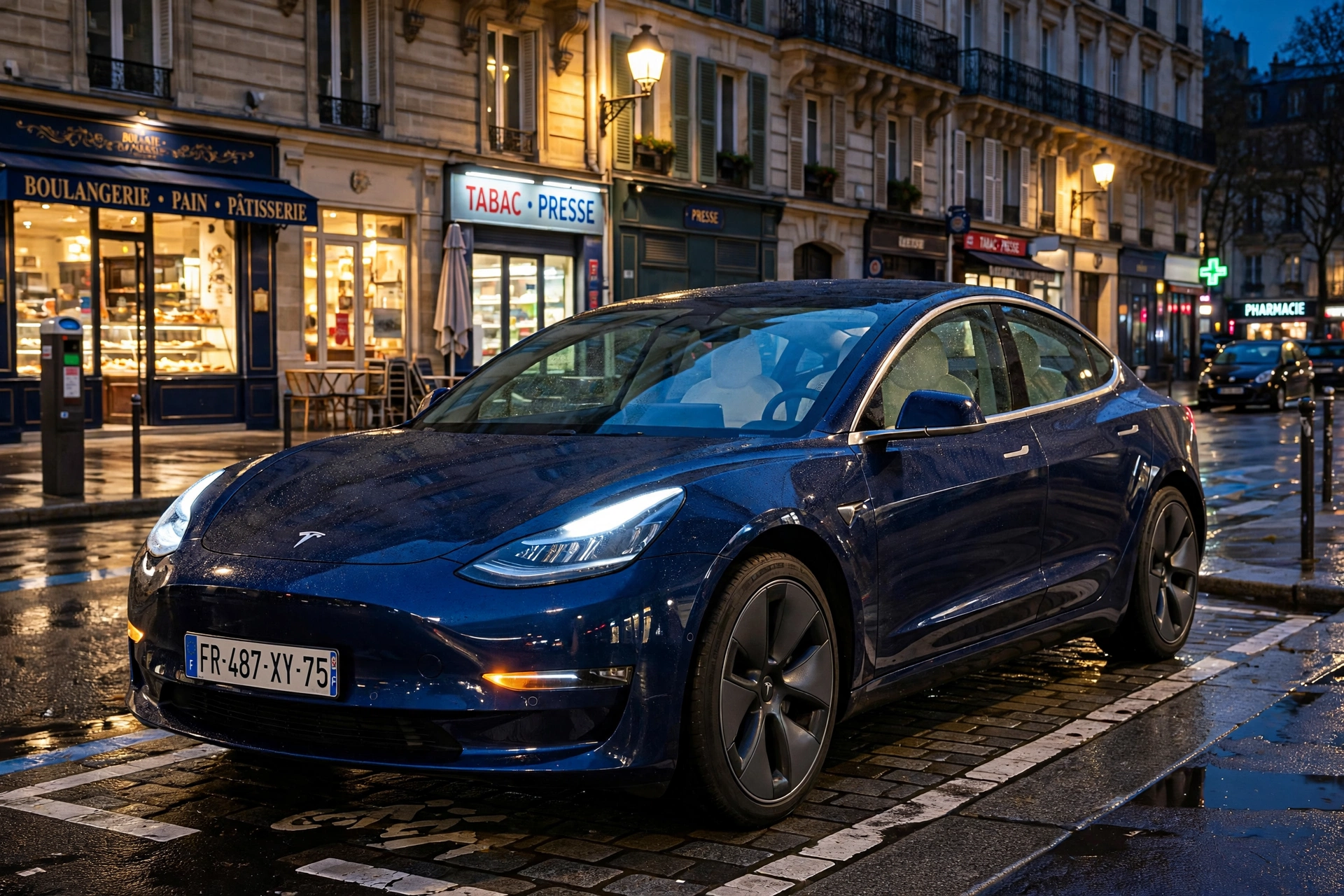 Tesla Model 3 azul oscuro en una ciudad europea de noche