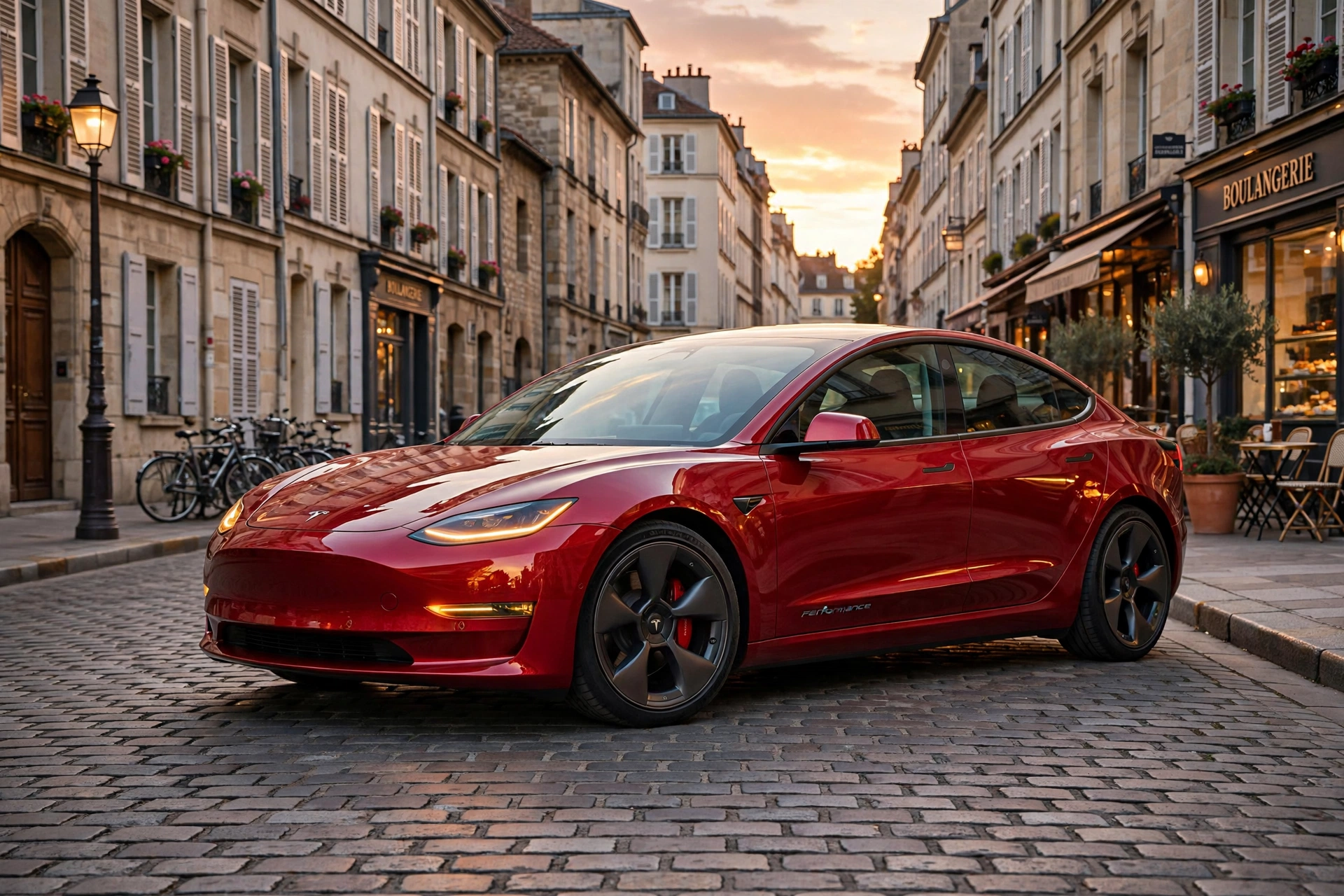 Tesla Model 3 Performance rojo aparcado en una calle europea al atardecer