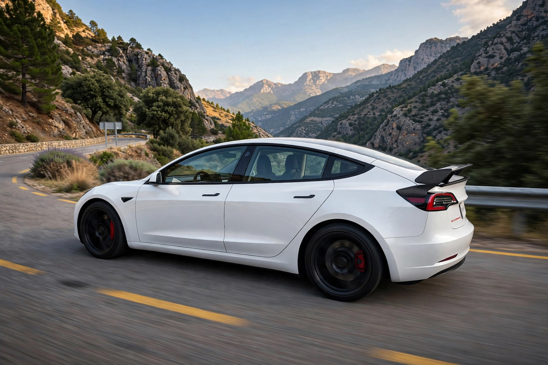 Tesla Model 3 Performance blanco en carretera de montaña