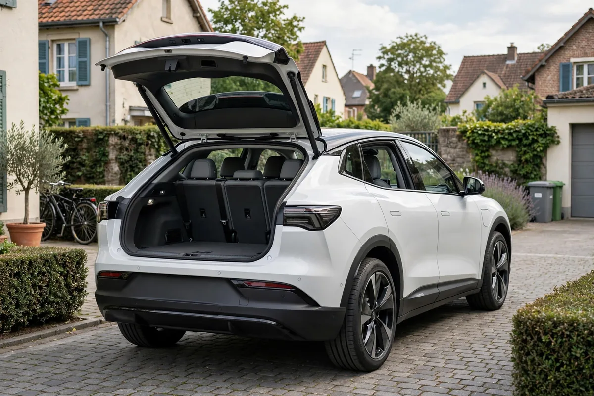 Tesla Model Y blanco con portón abierto mostrando las tres filas de asientos