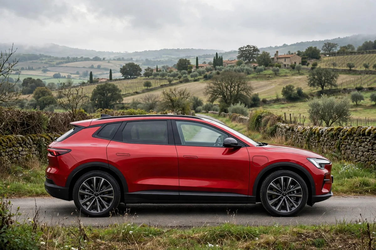 Tesla Model Y rojo de perfil en carretera comarcal