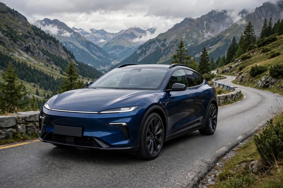 Tesla Model Y azul en carretera de montaña