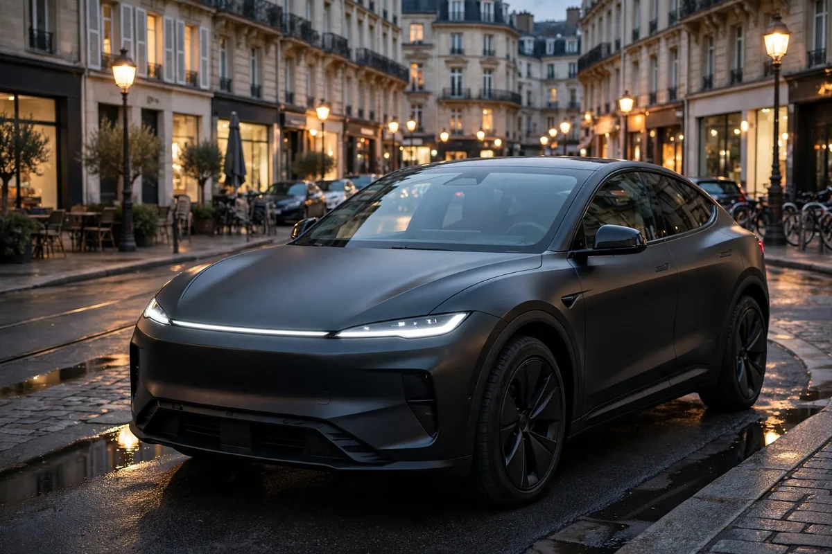 Tesla Model Y negro en calle urbana al atardecer