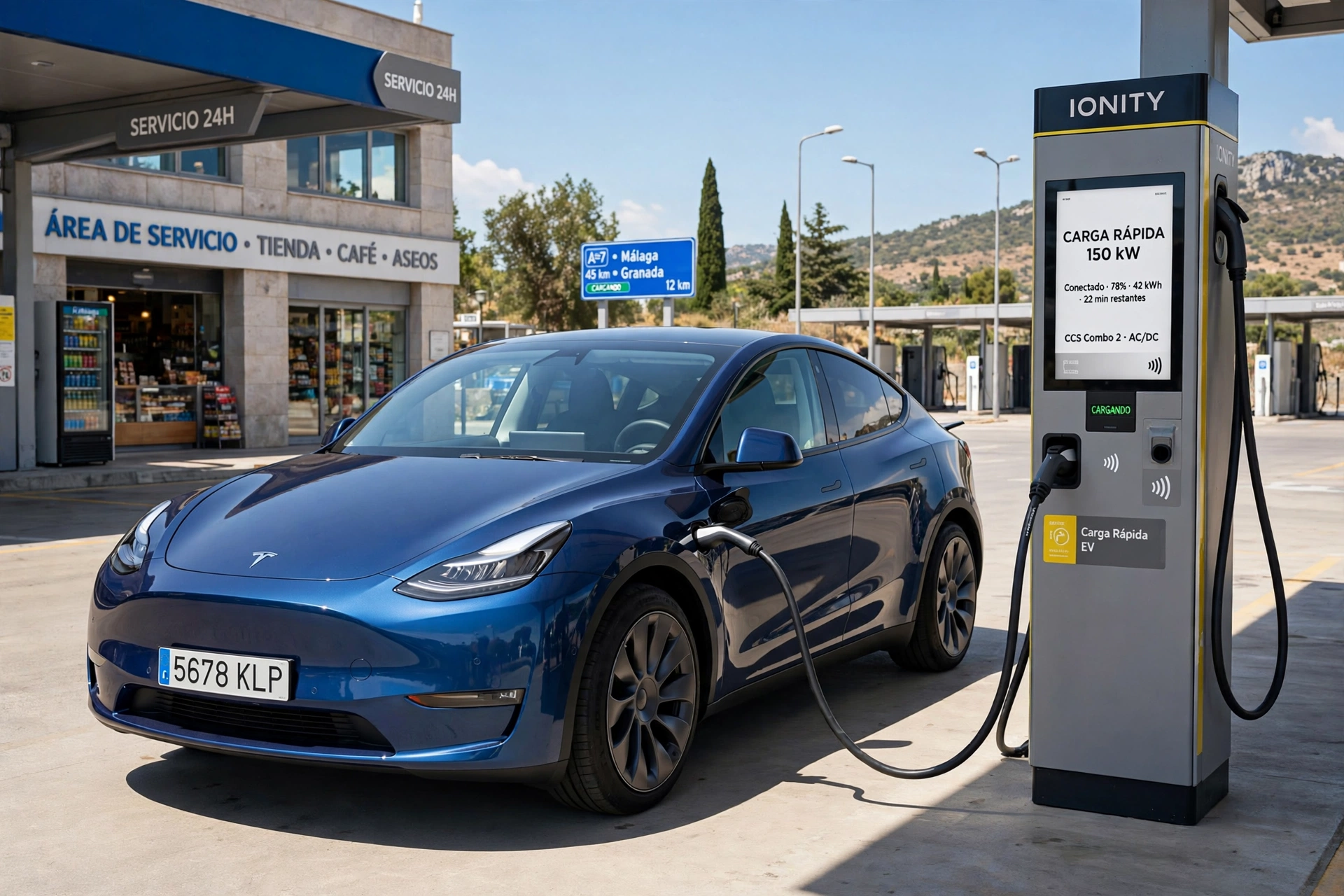 Tesla Model Y azul junto a un punto de carga rápida