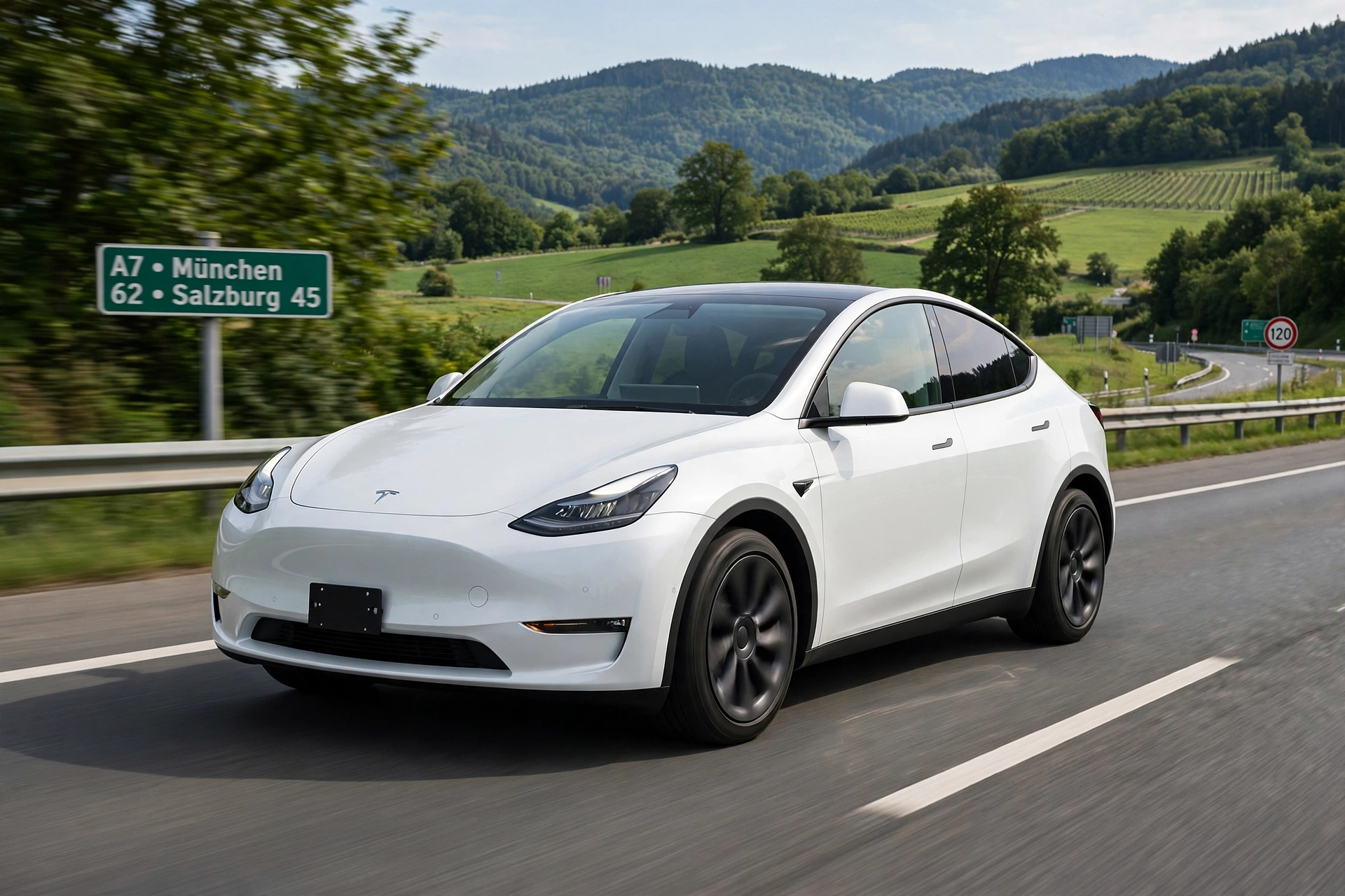 Tesla Model Y blanco en autopista europea