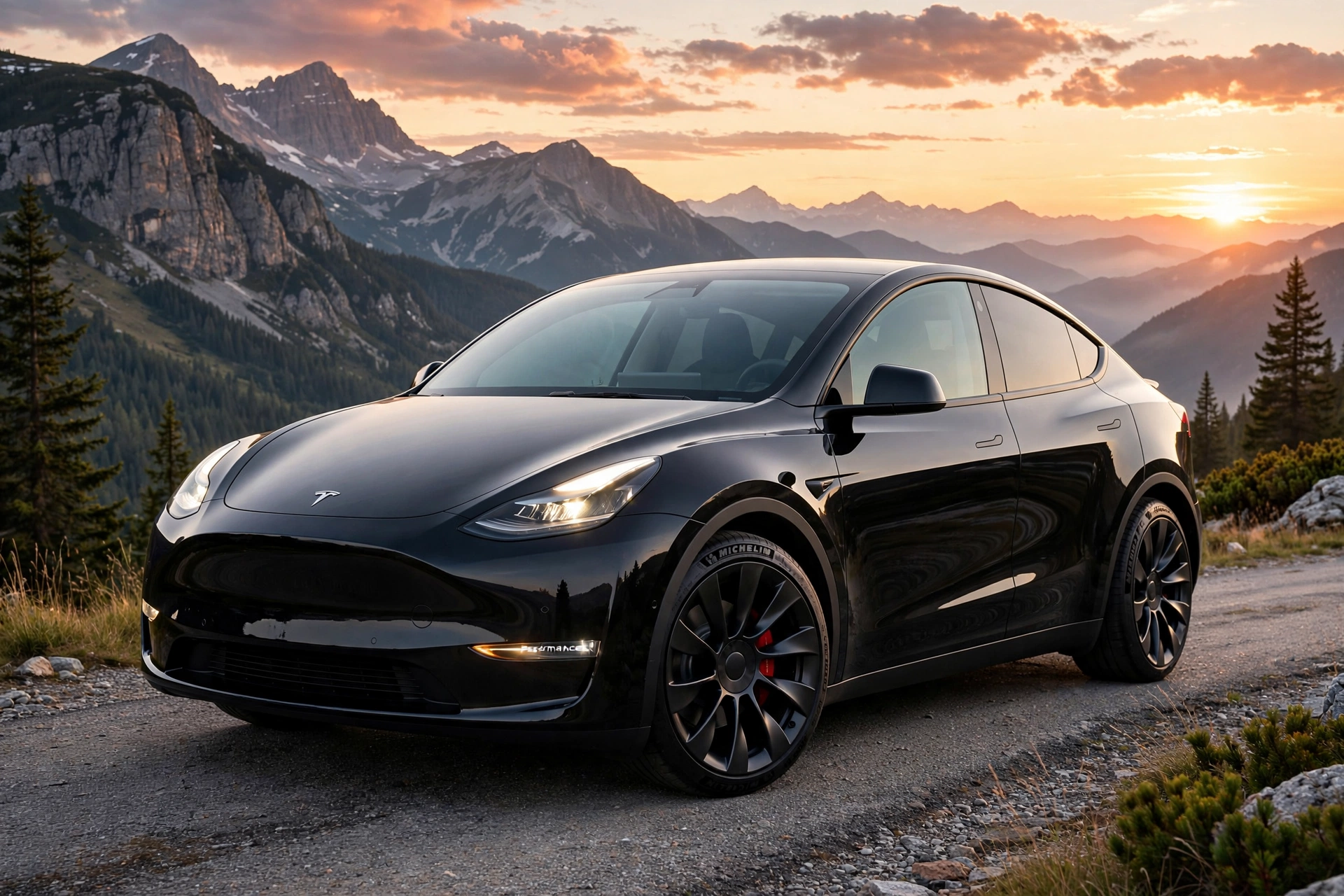 Tesla Model Y Performance negro con llantas de 21 pulgadas en la montaña al atardecer