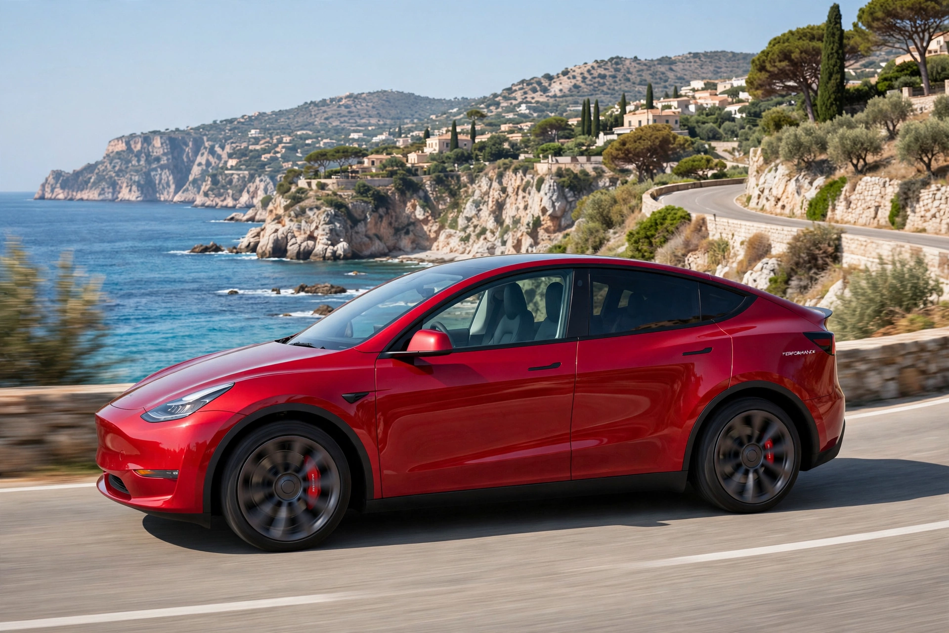 Tesla Model Y Performance rojo en carretera de costa