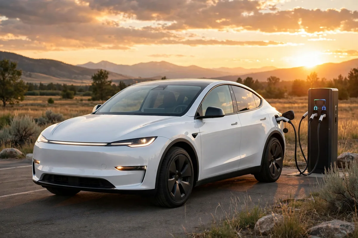 Tesla Model Y blanco junto a un cargador ultrarrápido al atardecer