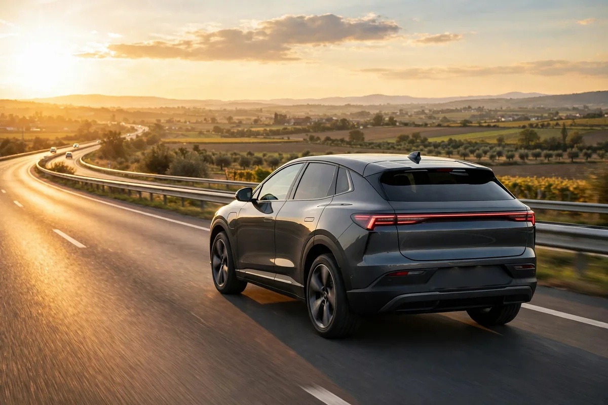 Tesla Model Y gris oscuro en autopista a la hora dorada