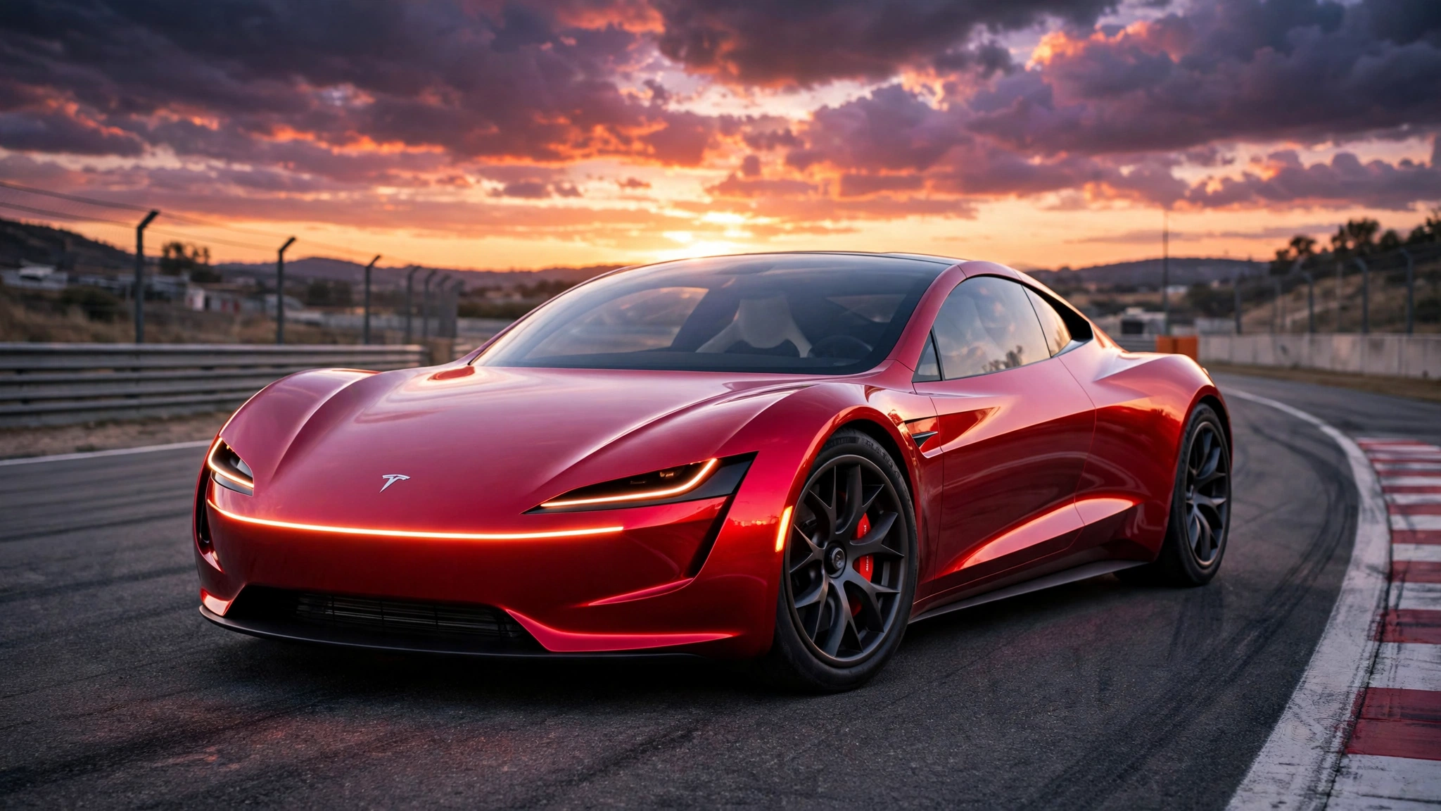 Deportivo eléctrico rojo de nueva generación estilo Tesla Roadster en un circuito al atardecer