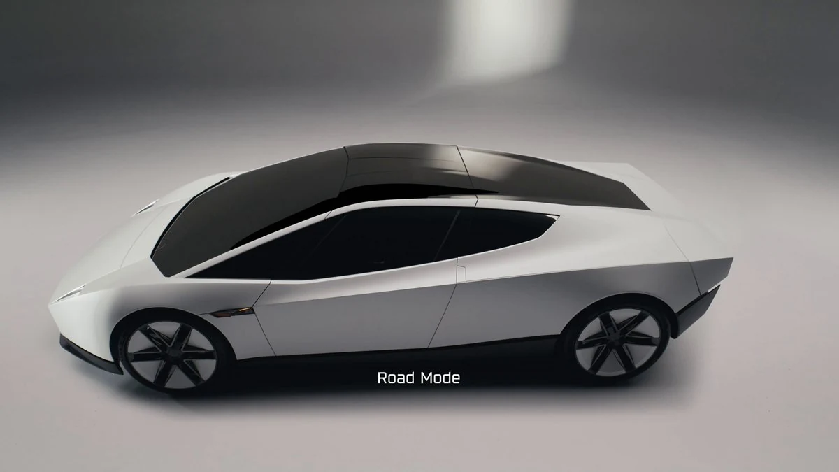 Tesla Roadster 2028 de perfil en modo de calle, carrocería blanca con cristales tintados